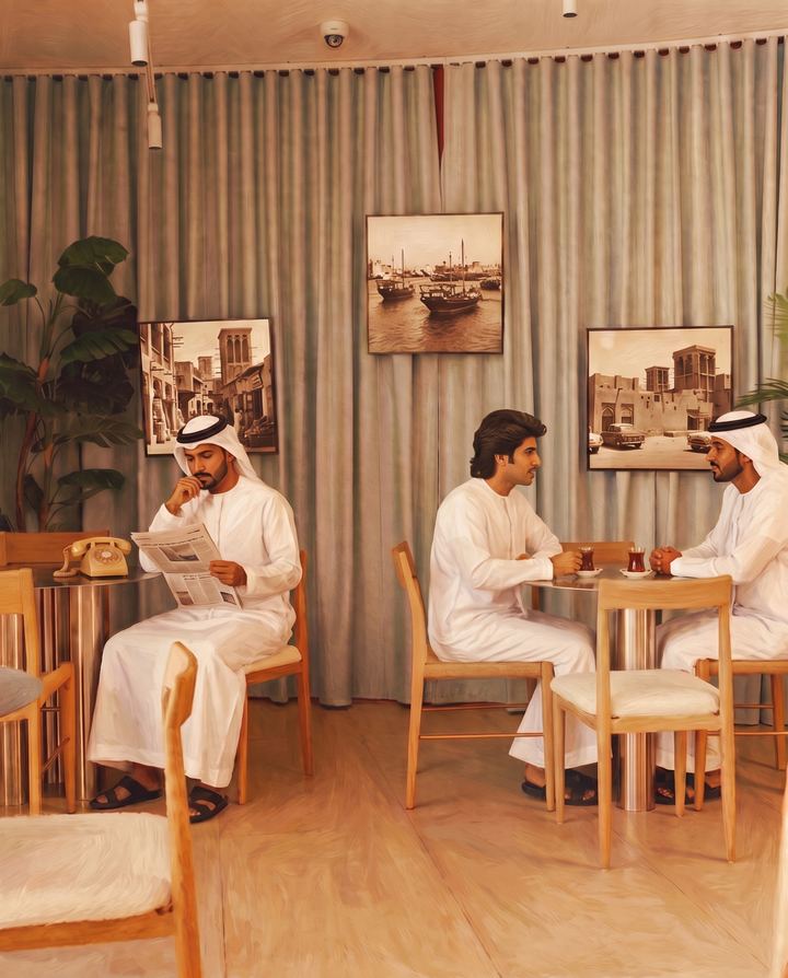 Three guests in kanduras at the café tables, one reading the morning paper
